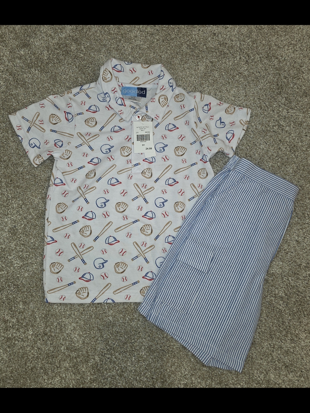 Good Lad White Boys' Baseball Print Polo Shirt with Stripe Shorts